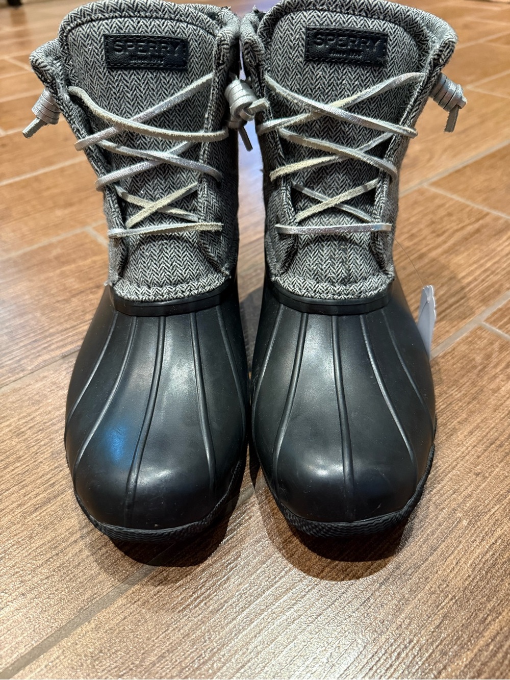 Sperry Black Rubber & Gray Herringbone Lace-Up Duck Boots